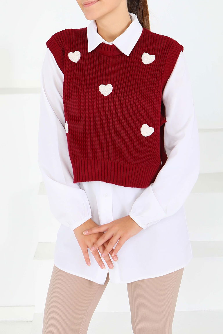 Kalp Nakışlı Triko Süveter - 27721-BORDO - TOFİSA