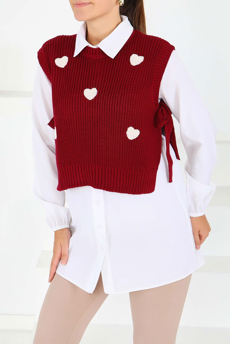 Kalp Nakışlı Triko Süveter - 27721-BORDO - TOFİSA