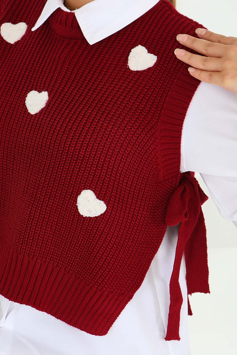 Kalp Nakışlı Triko Süveter - 27721-BORDO - TOFİSA