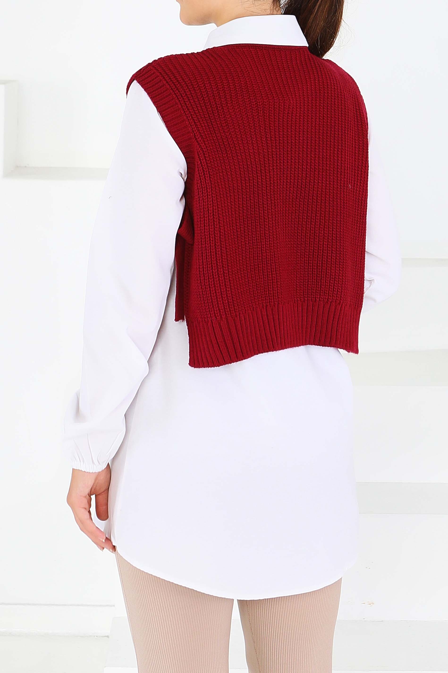 Kalp Nakışlı Triko Süveter - 27721-BORDO - 5