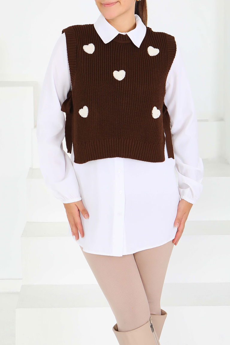 Kalp Nakışlı Triko Süveter - 27721-KAHVE - TOFİSA