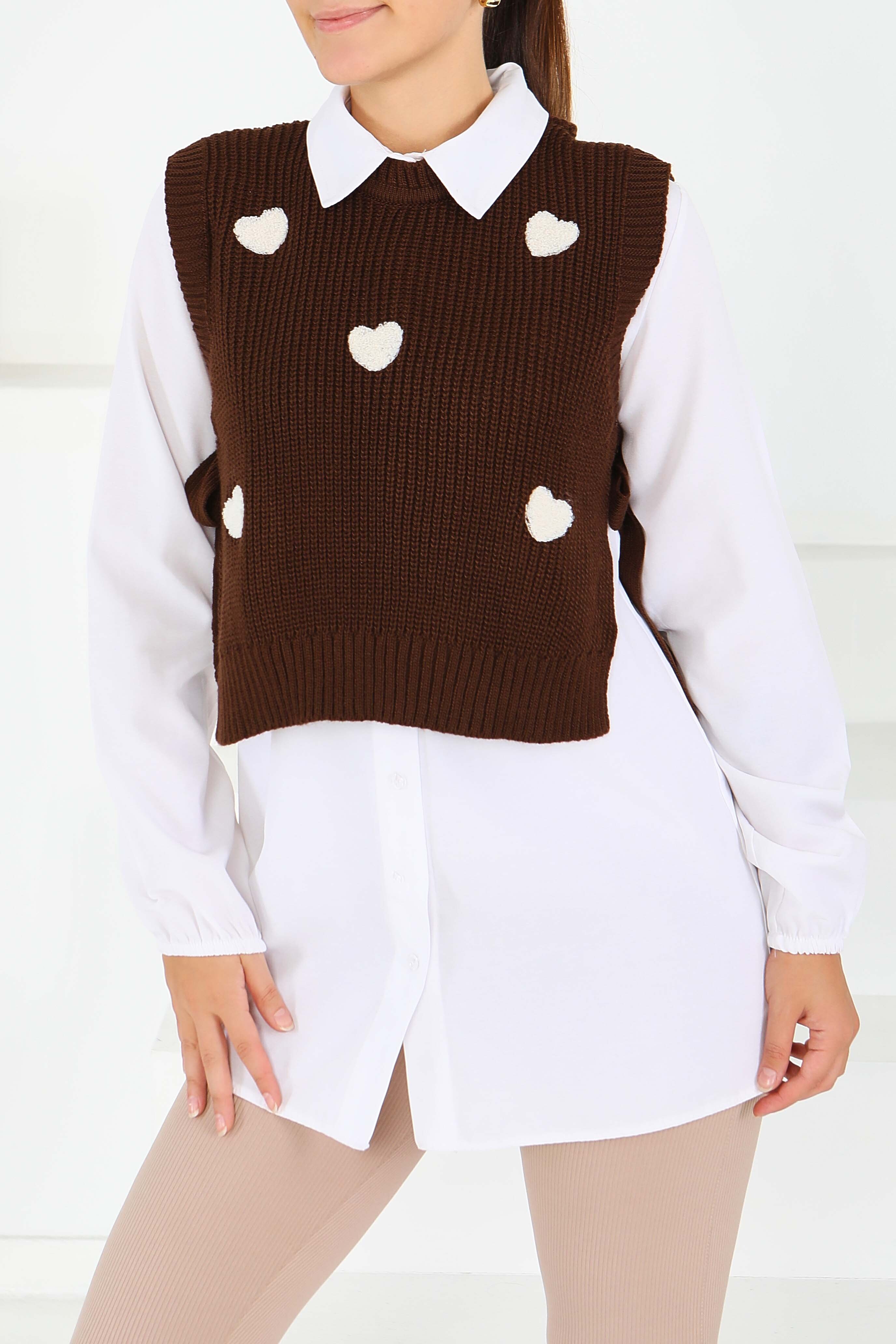 Kalp Nakışlı Triko Süveter - 27721-KAHVE - 3