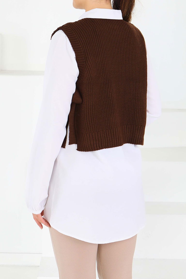 Kalp Nakışlı Triko Süveter - 27721-KAHVE - TOFİSA