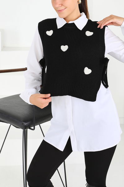 Kalp Nakışlı Triko Süveter - 27721-SIYAH 