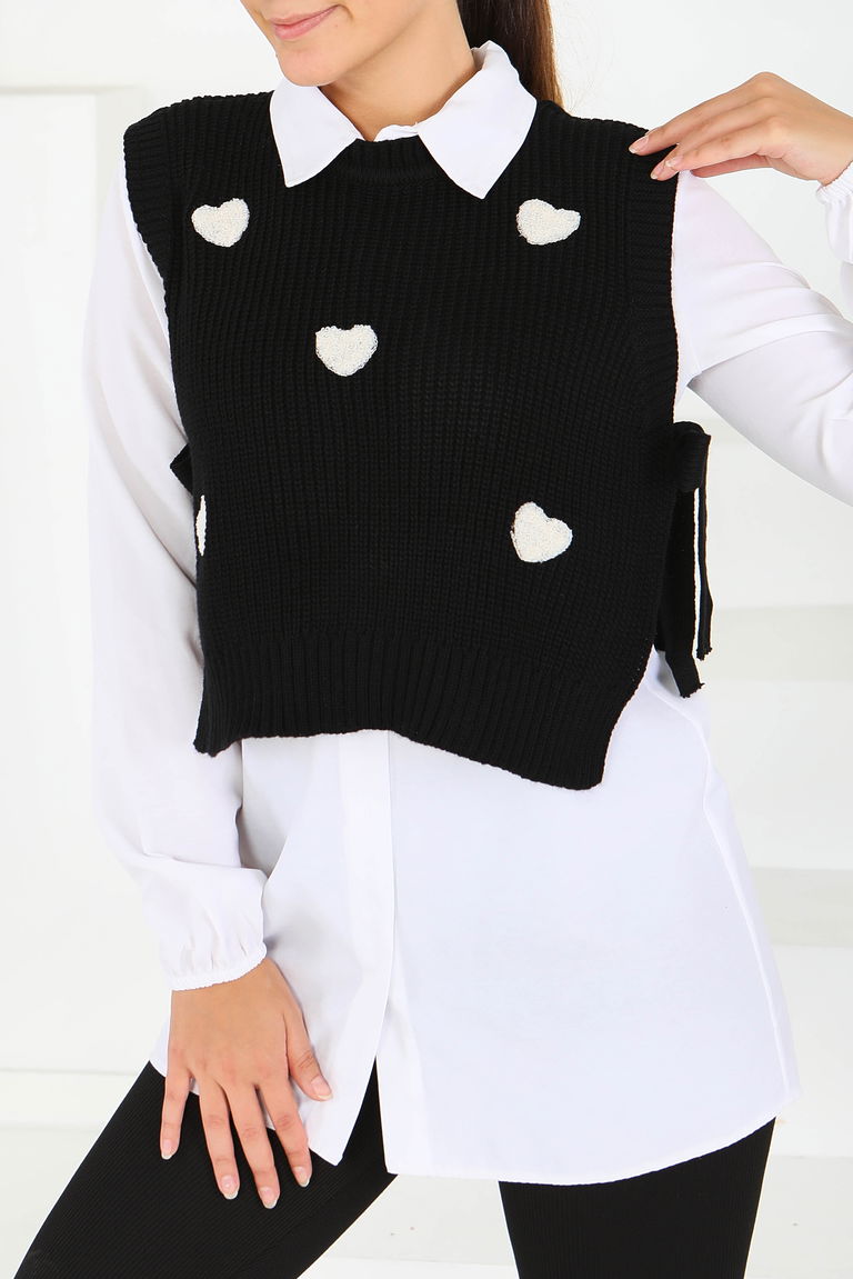 Kalp Nakışlı Triko Süveter - 27721-SIYAH - TOFİSA