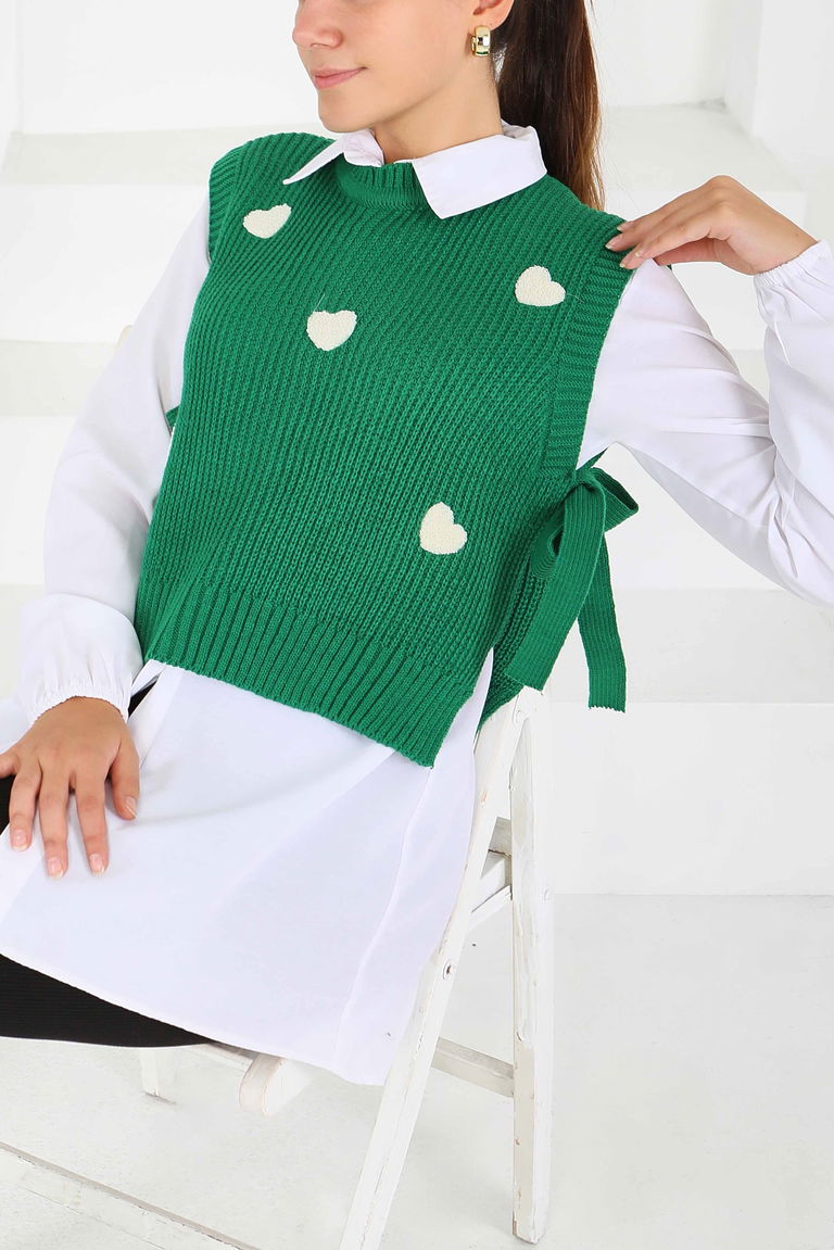 Kalp Nakışlı Triko Süveter - 27721-YESIL - TOFİSA