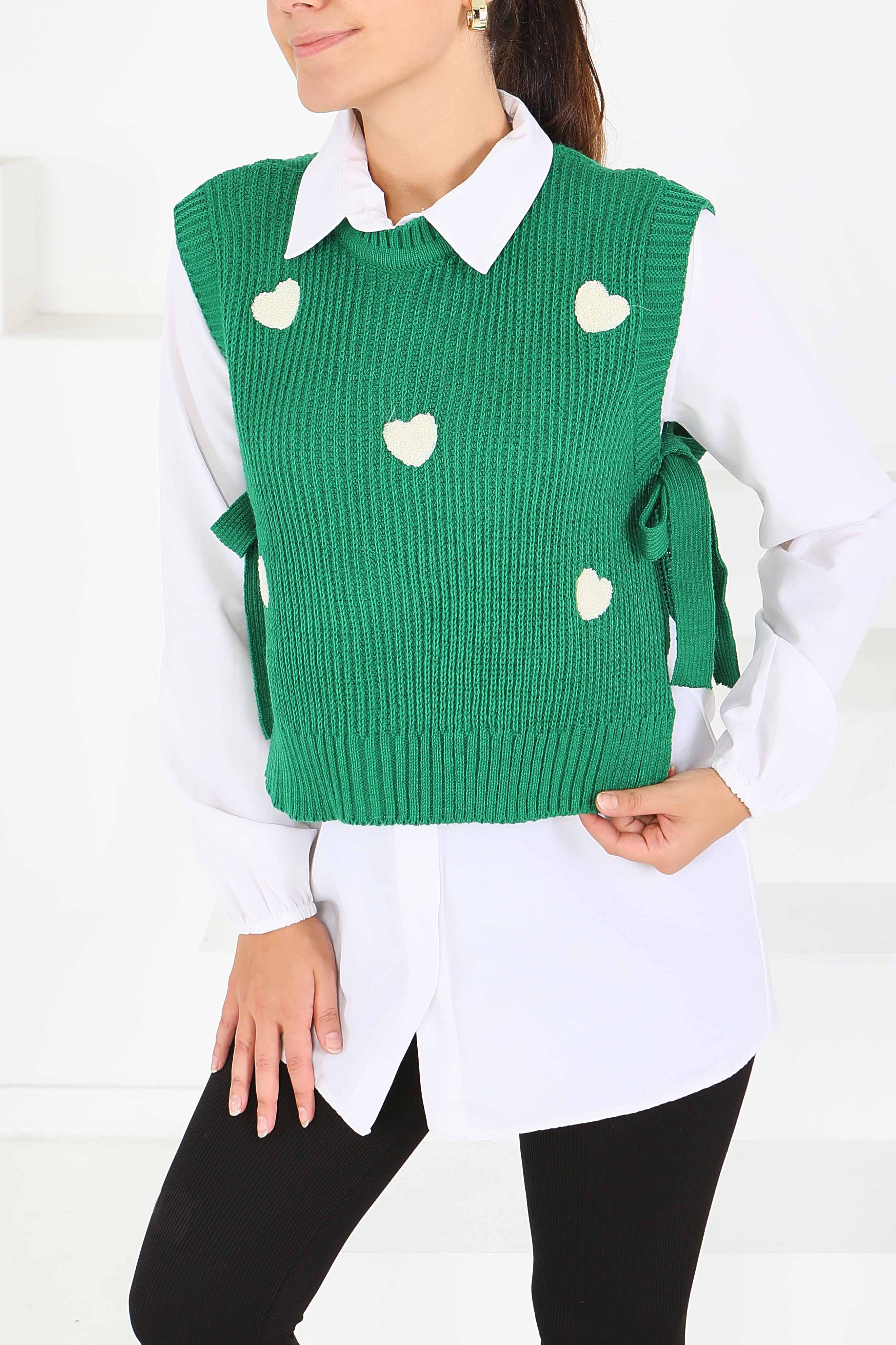 Kalp Nakışlı Triko Süveter - 27721-YESIL - 2