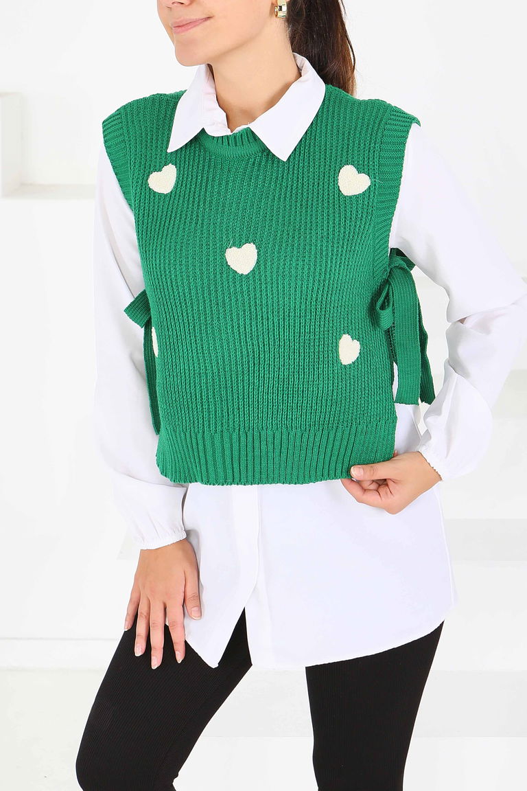 Kalp Nakışlı Triko Süveter - 27721-YESIL - TOFİSA