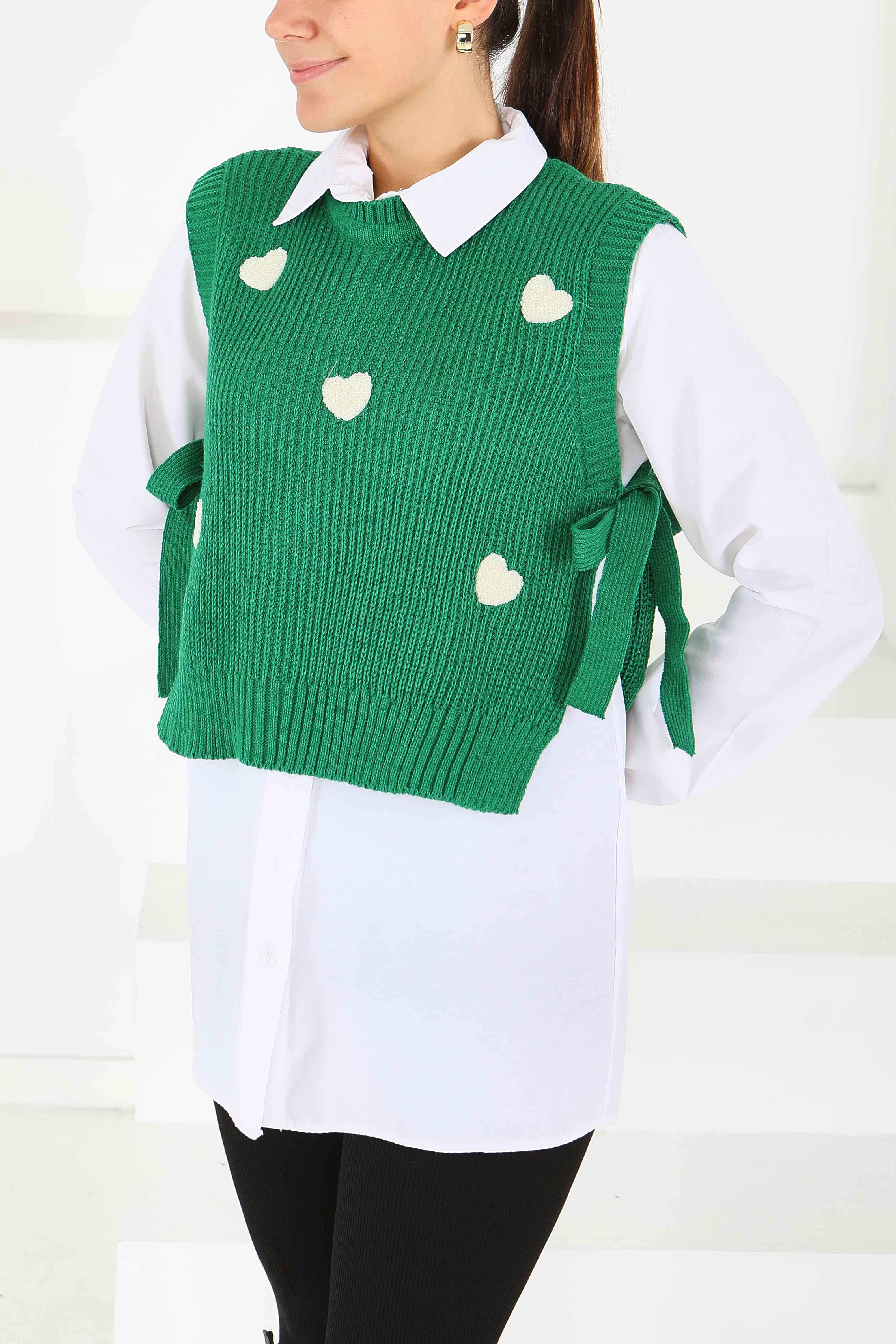 Kalp Nakışlı Triko Süveter - 27721-YESIL - 3
