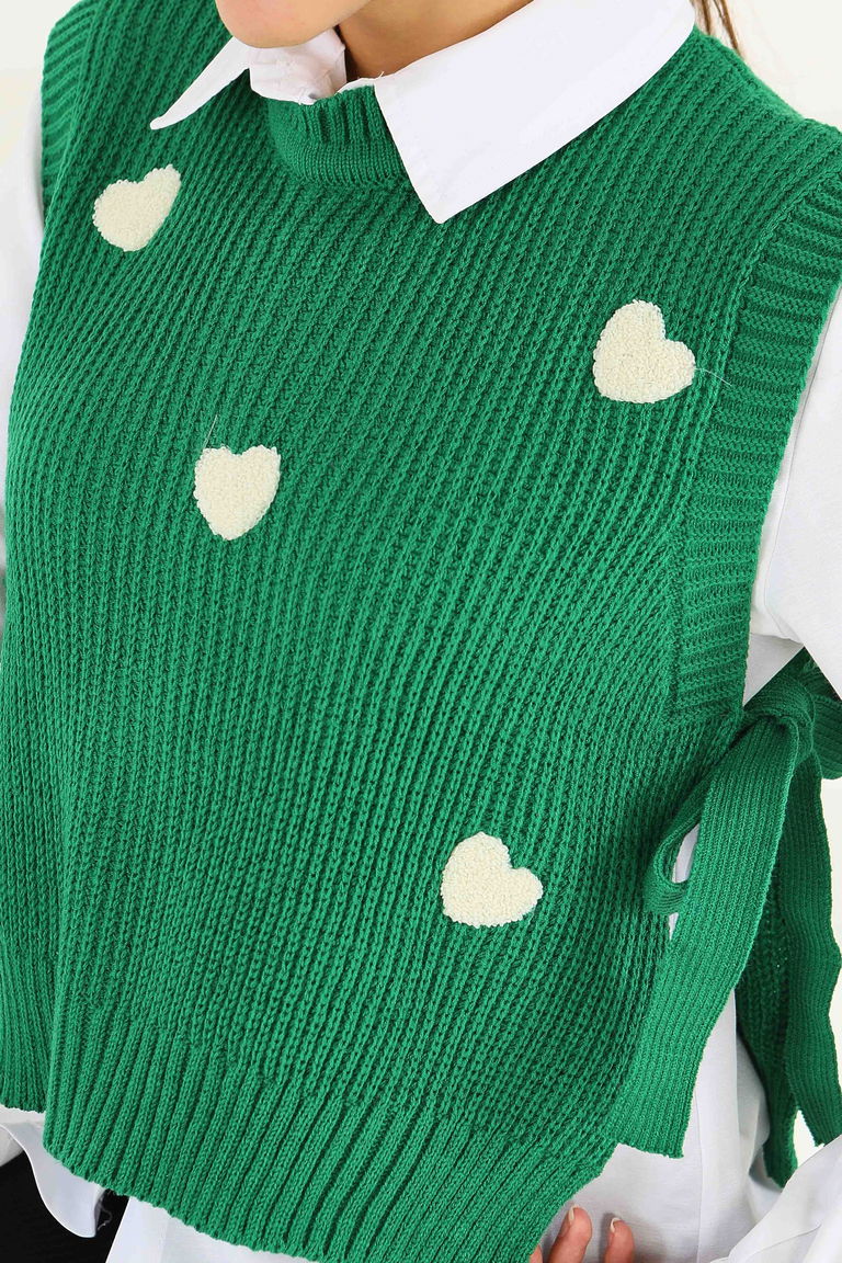 Kalp Nakışlı Triko Süveter - 27721-YESIL - TOFİSA