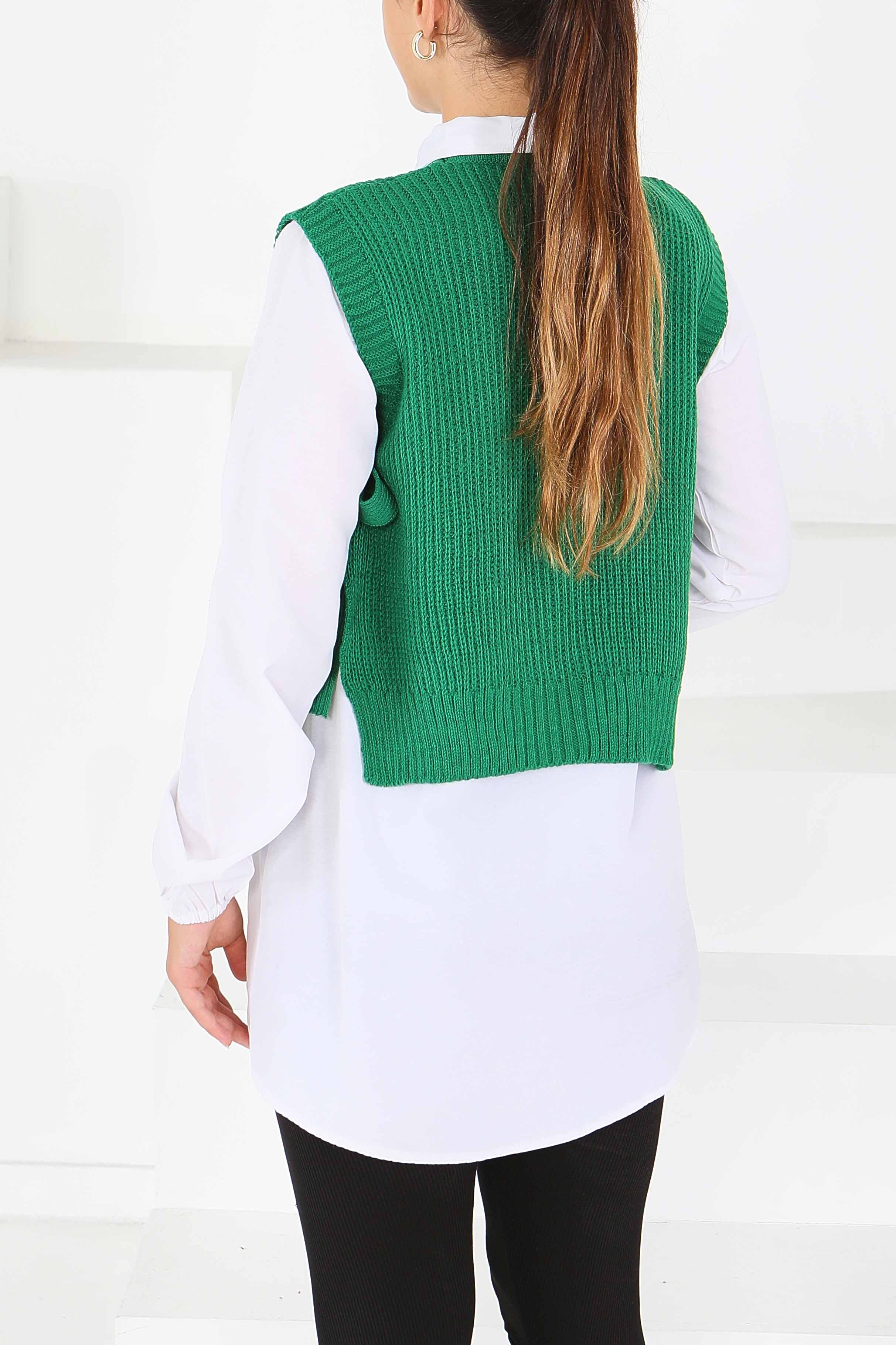 Kalp Nakışlı Triko Süveter - 27721-YESIL - 5
