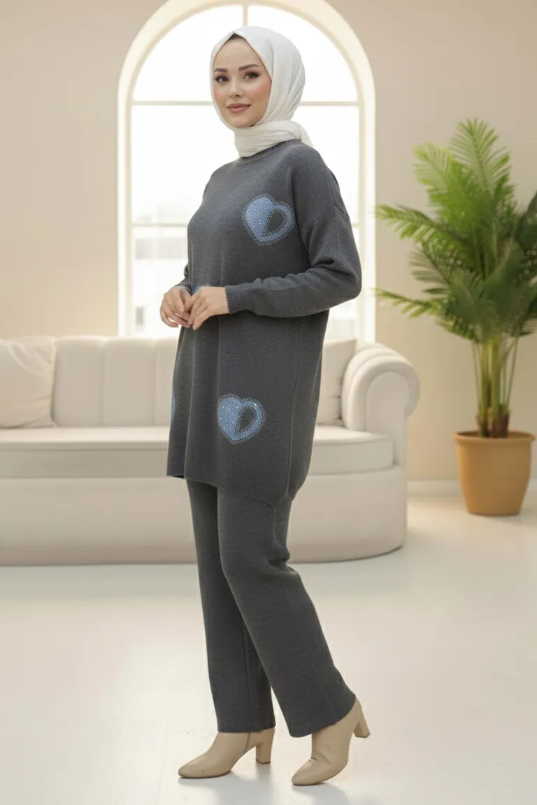 Kalp Taş Detaylı Triko İkili Takım - 28123-ANTRASIT - TOFİSA