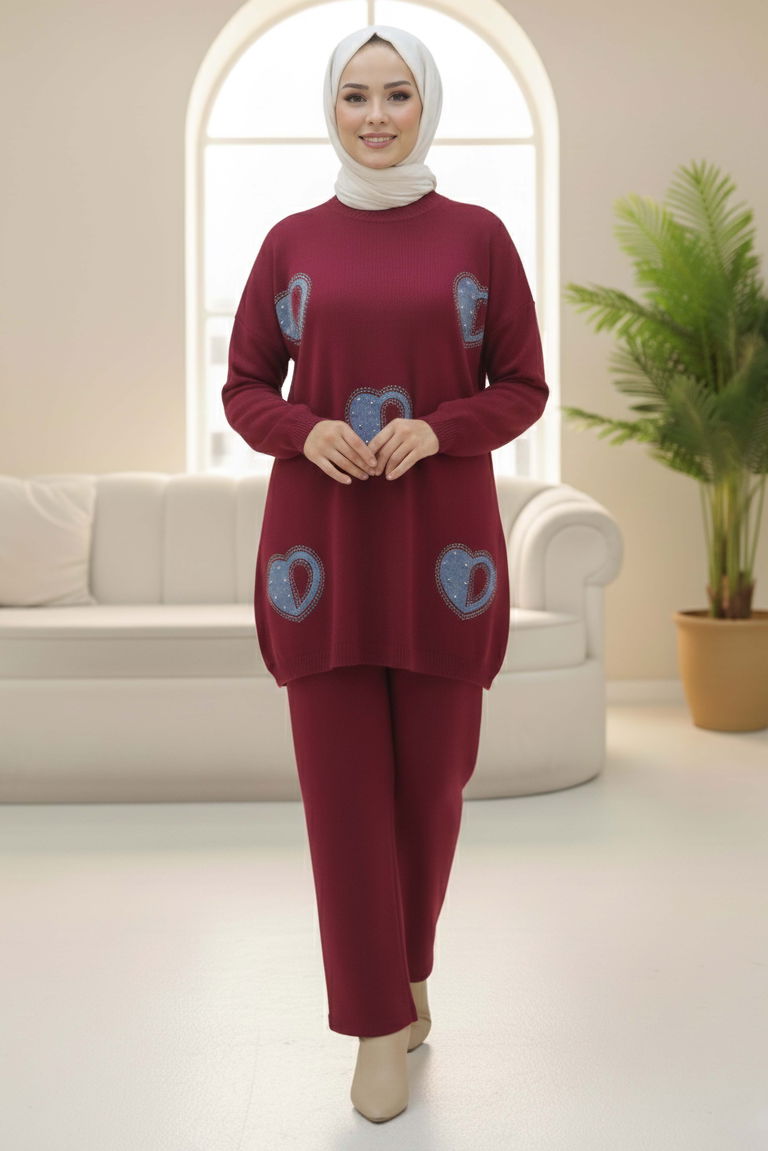 Kalp Taş Detaylı Triko İkili Takım - 28123-BORDO - TOFİSA