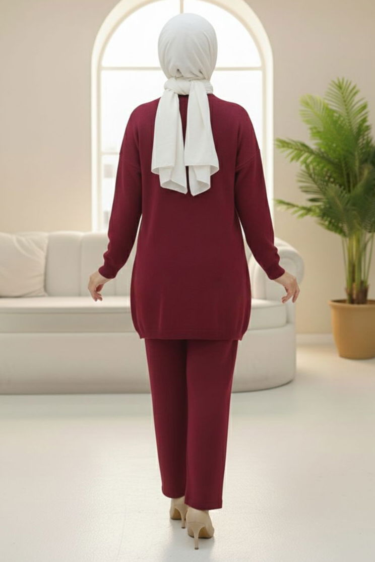 Kalp Taş Detaylı Triko İkili Takım - 28123-BORDO - 3