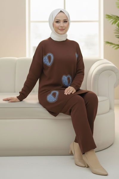 Kalp Taş Detaylı Triko İkili Takım - 28123-KAHVE 