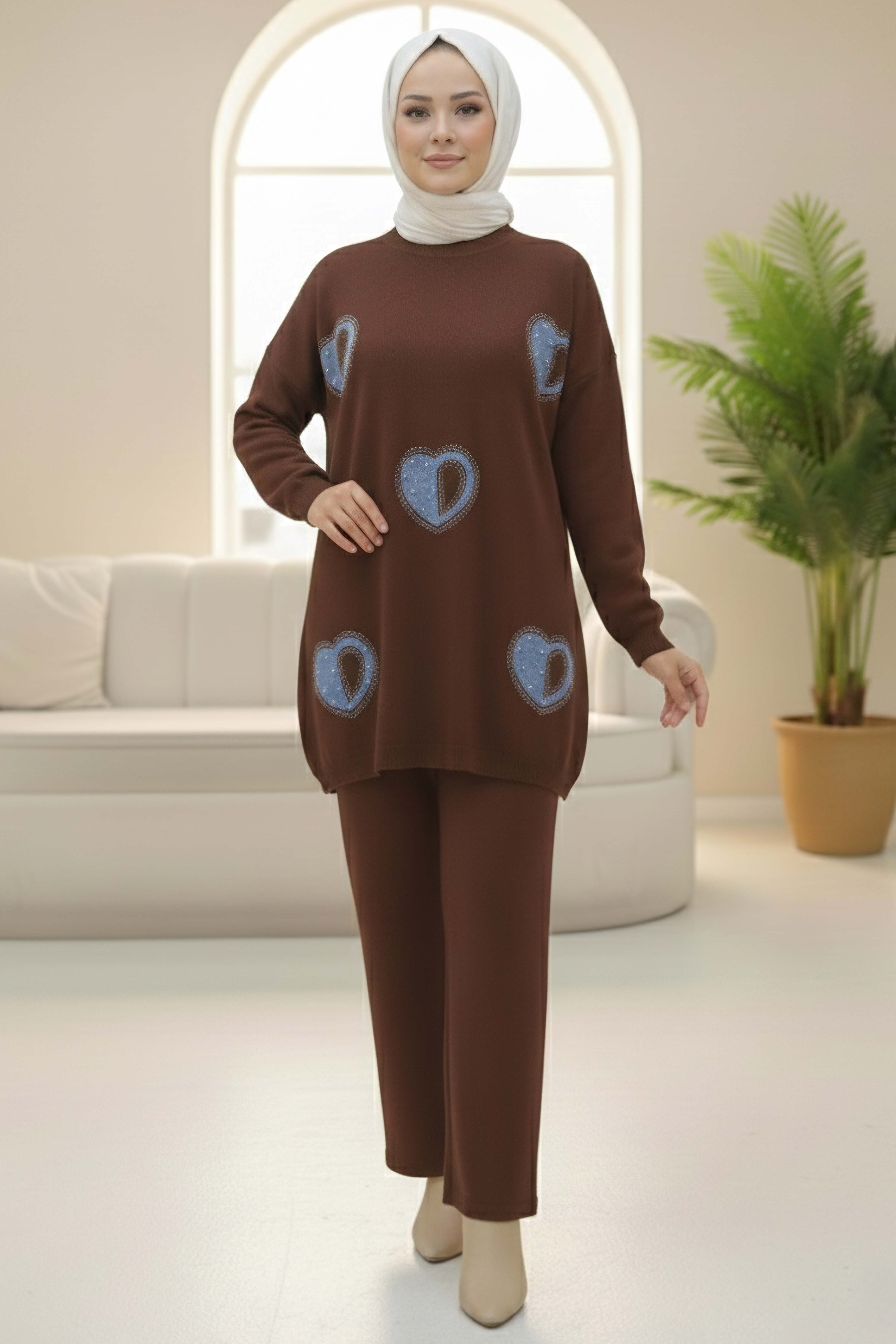 Kalp Taş Detaylı Triko İkili Takım - 28123-KAHVE - 2