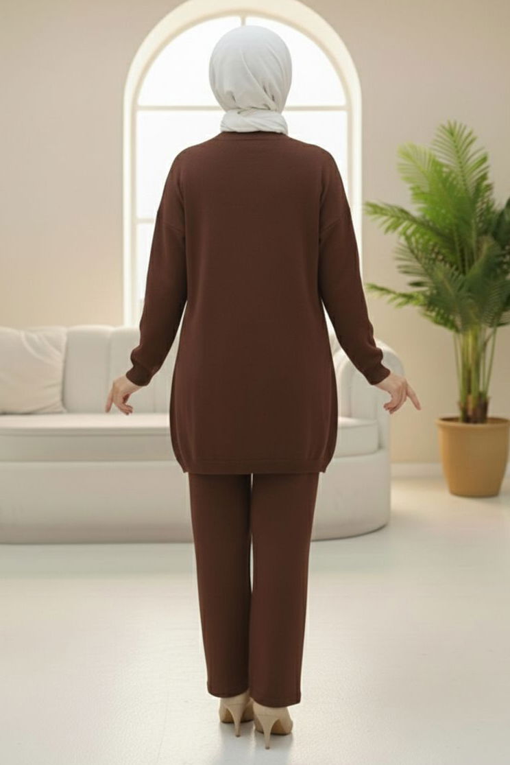 Kalp Taş Detaylı Triko İkili Takım - 28123-KAHVE - TOFİSA