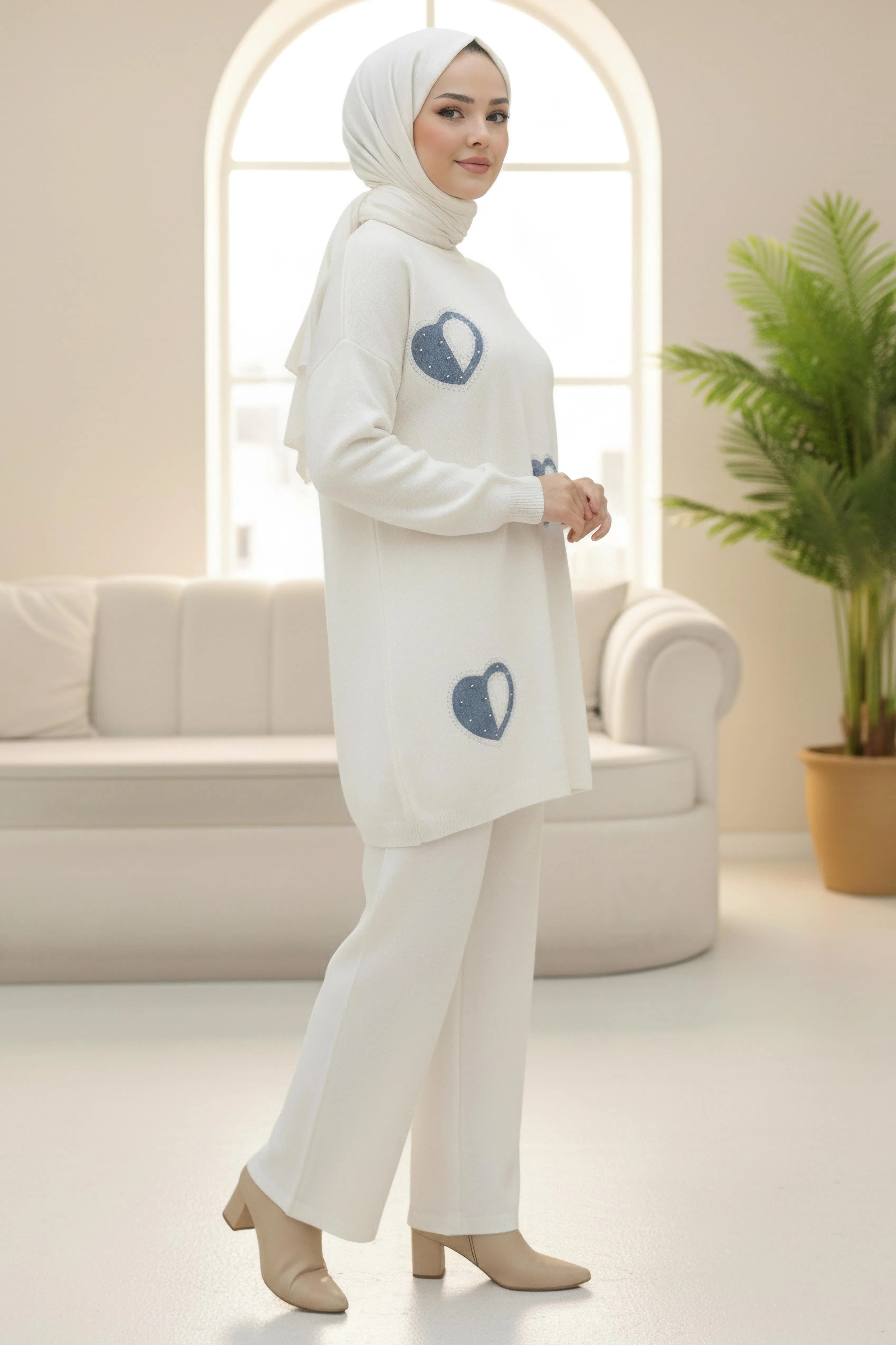 Kalp Taş Detaylı Triko İkili Takım - 28123-KREM - 1