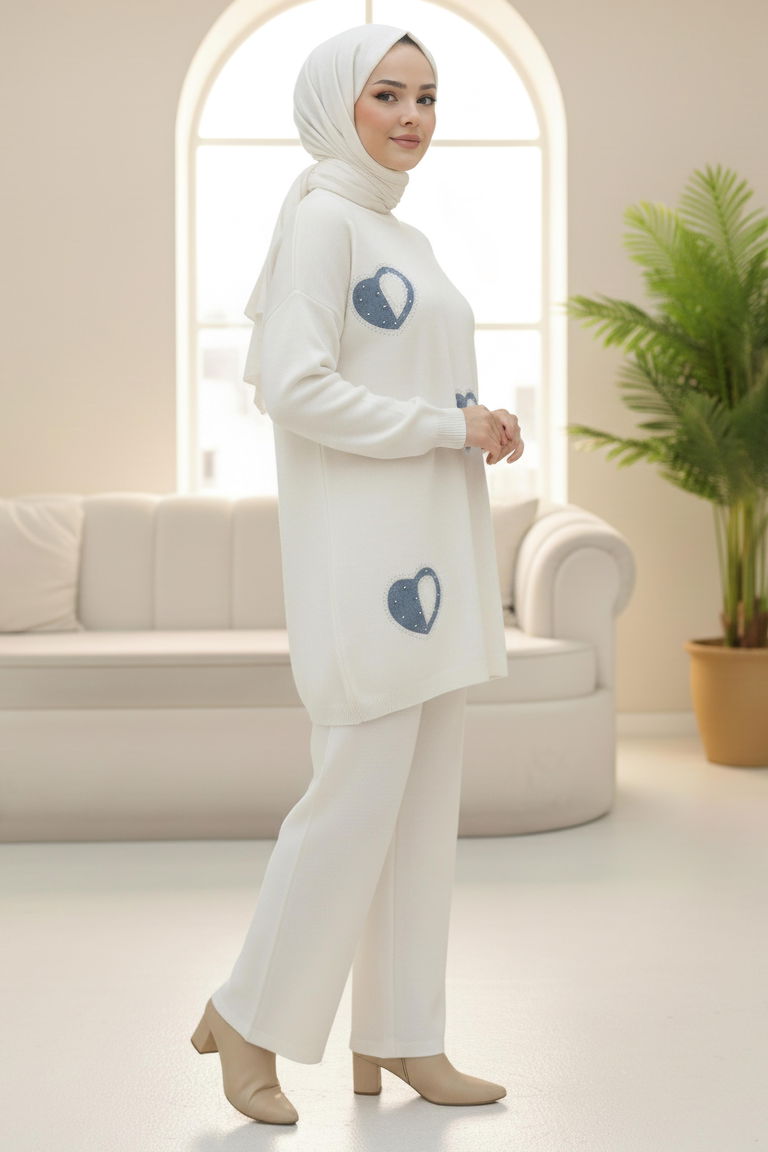 Kalp Taş Detaylı Triko İkili Takım - 28123-KREM - TOFİSA