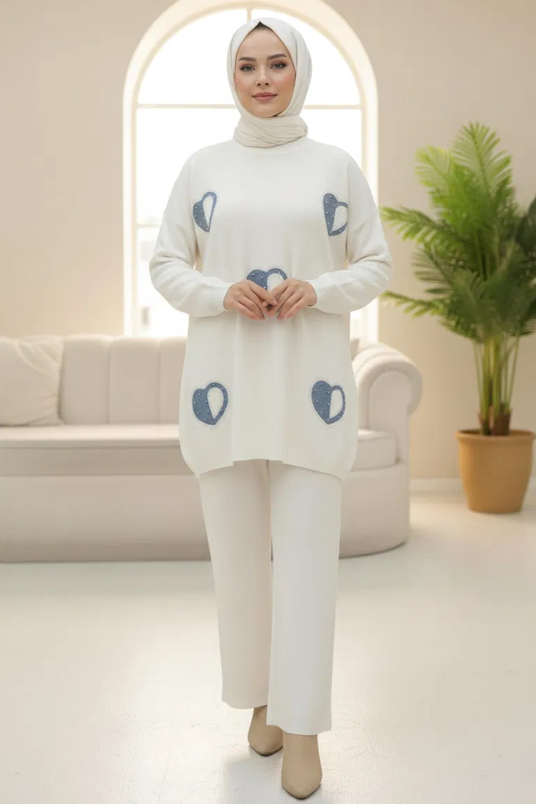 Kalp Taş Detaylı Triko İkili Takım - 28123-KREM - TOFİSA