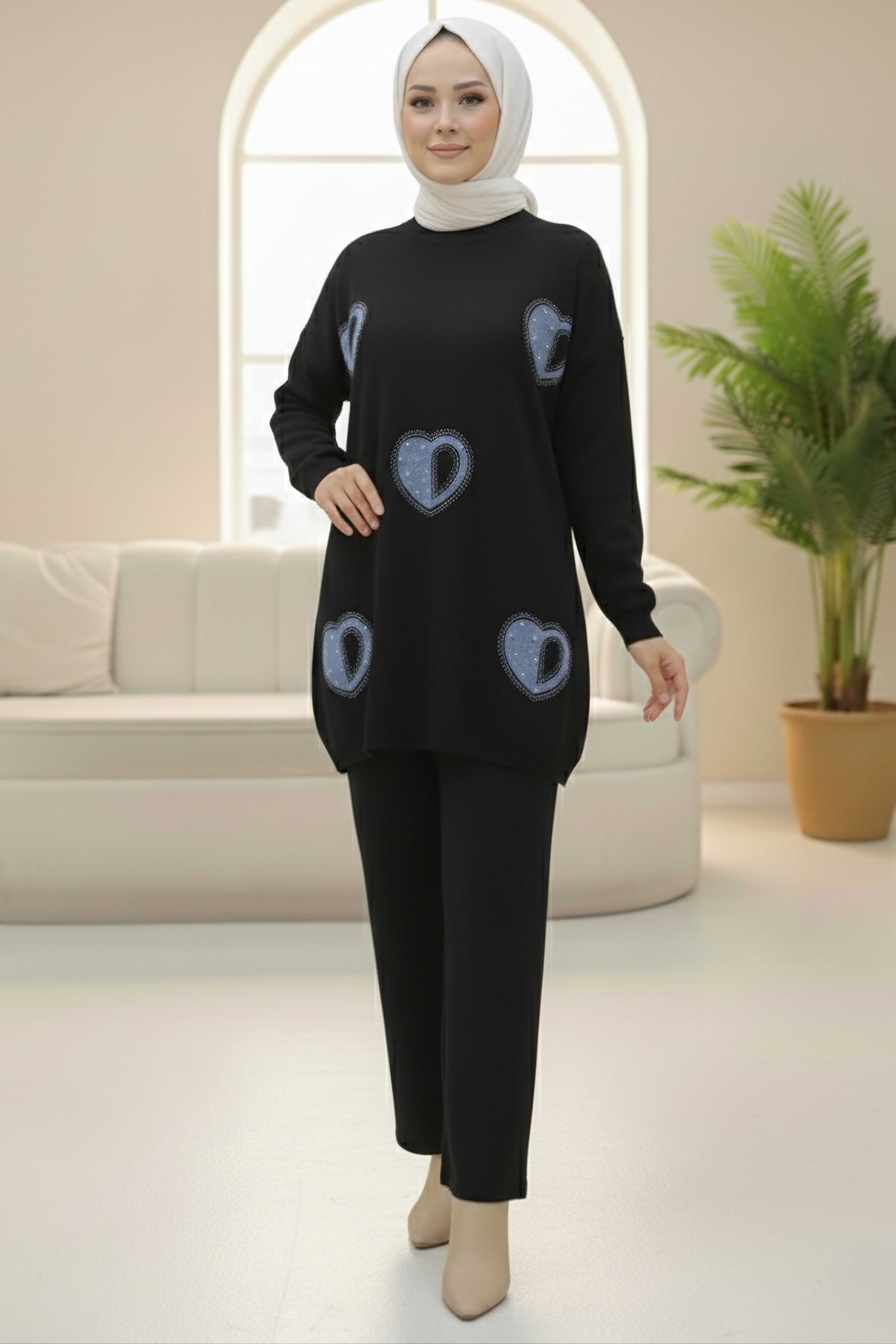 Kalp Taş Detaylı Triko İkili Takım - 28123-SIYAH - 1