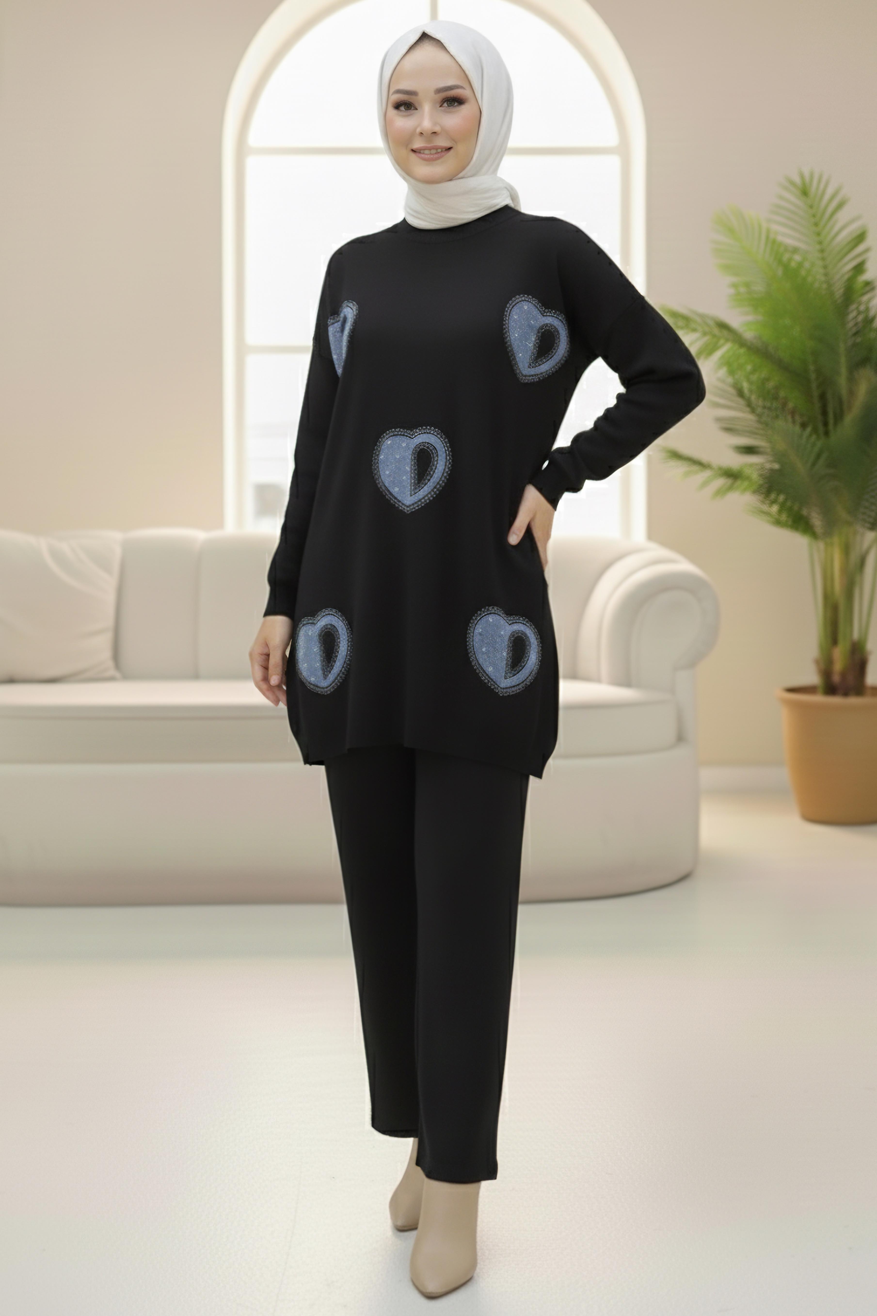 Kalp Taş Detaylı Triko İkili Takım - 28123-SIYAH - 2