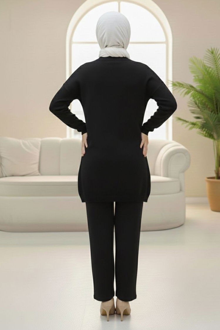 Kalp Taş Detaylı Triko İkili Takım - 28123-SIYAH - TOFİSA