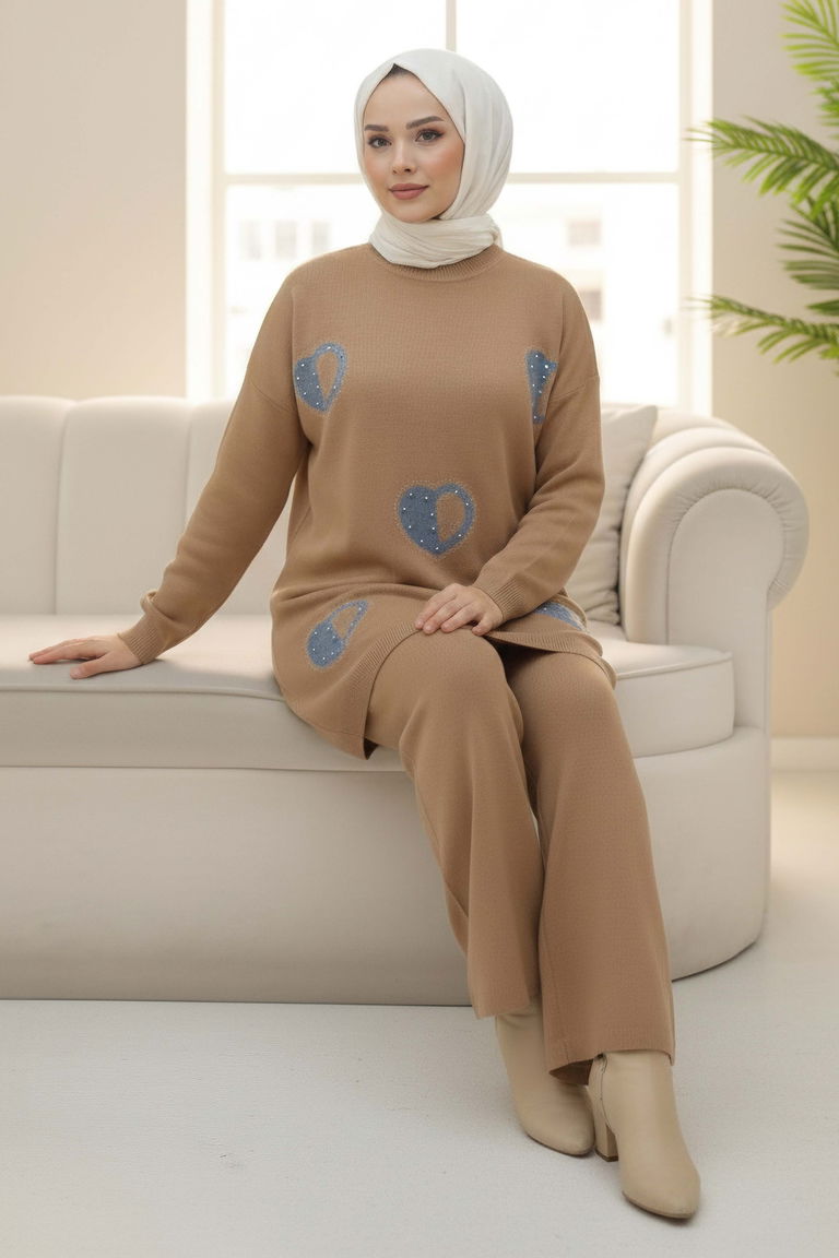 Kalp Taş Detaylı Triko İkili Takım - 28123-VIZON - TOFİSA