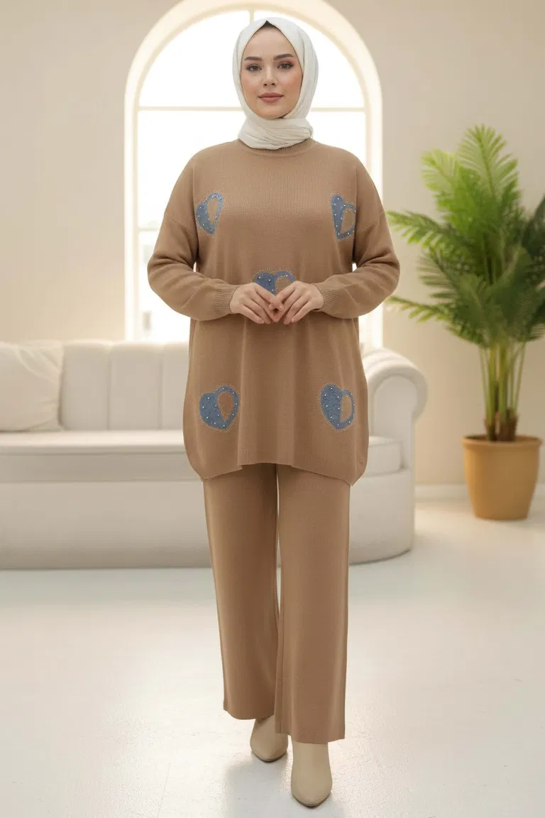 Kalp Taş Detaylı Triko İkili Takım - 28123-VIZON - TOFİSA