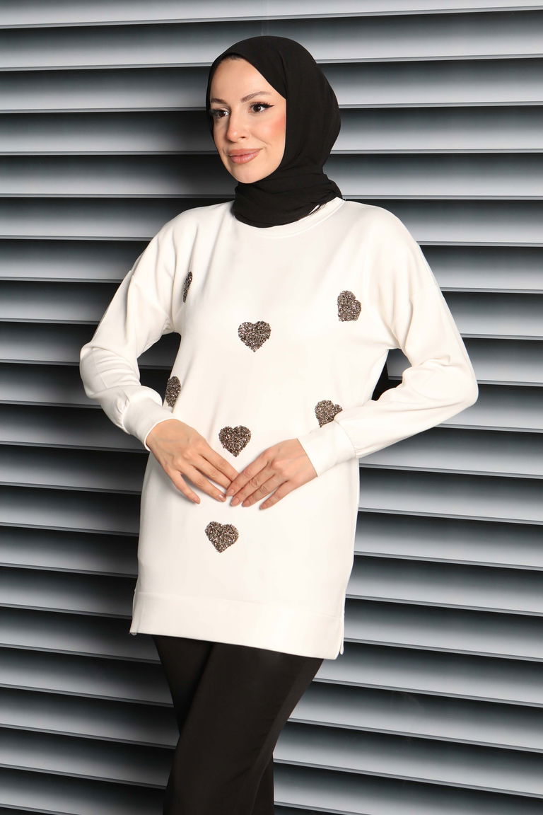 Kalp Taşlı İşlemeli Modal Tunik - 27875-BEYAZ - TOFİSA
