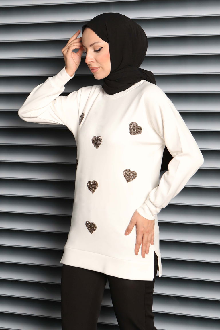 Kalp Taşlı İşlemeli Modal Tunik - 27875-BEYAZ - TOFİSA