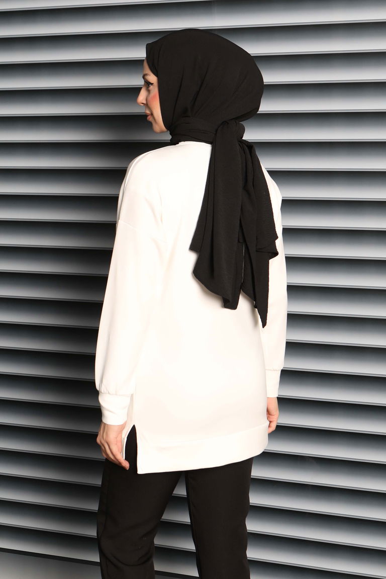 Kalp Taşlı İşlemeli Modal Tunik - 27875-BEYAZ - TOFİSA