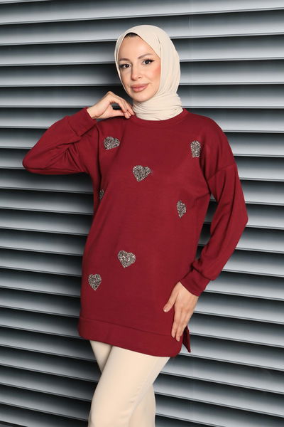 Kalp Taşlı İşlemeli Modal Tunik - 27875-BORDO 
