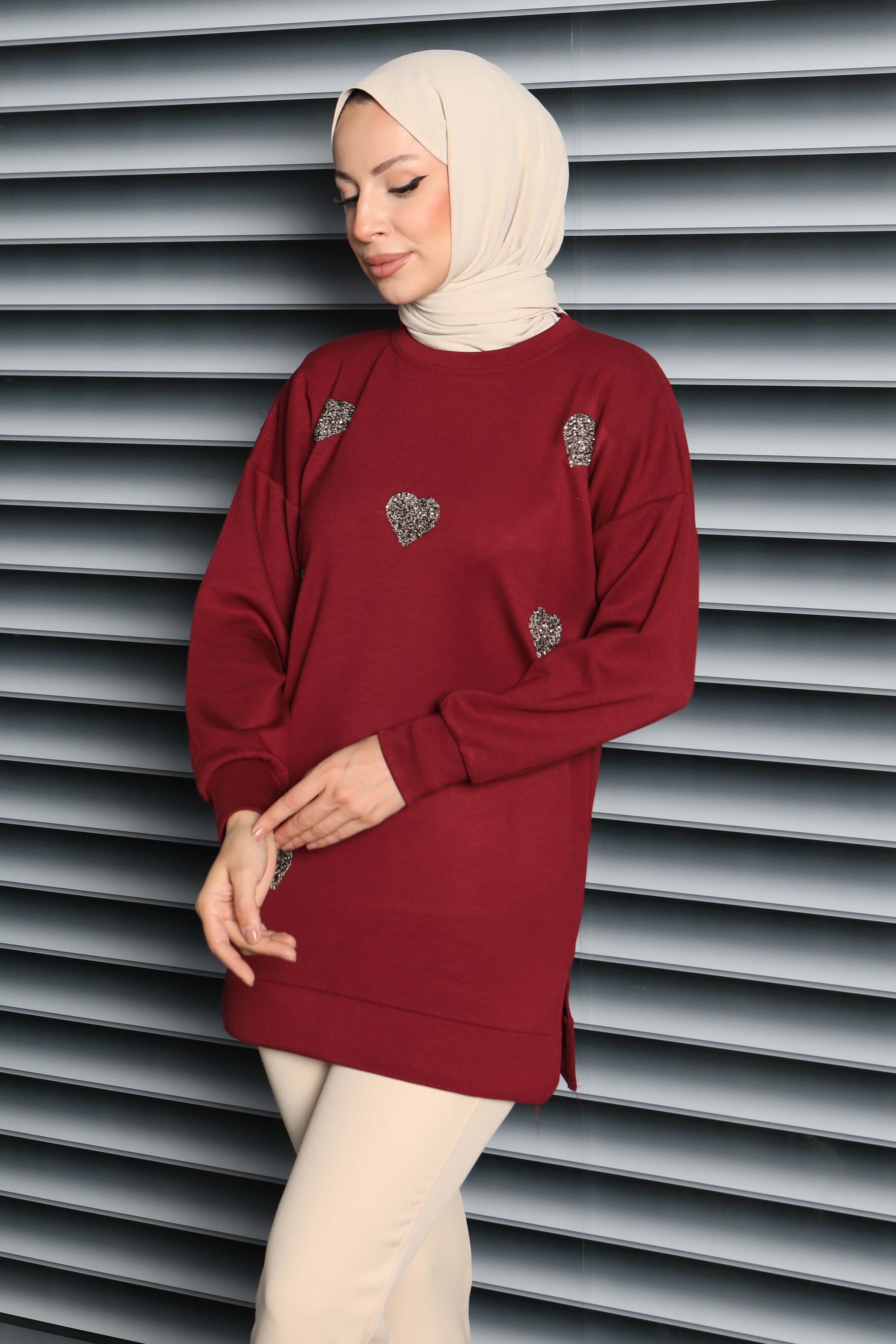 Kalp Taşlı İşlemeli Modal Tunik - 27875-BORDO - 2