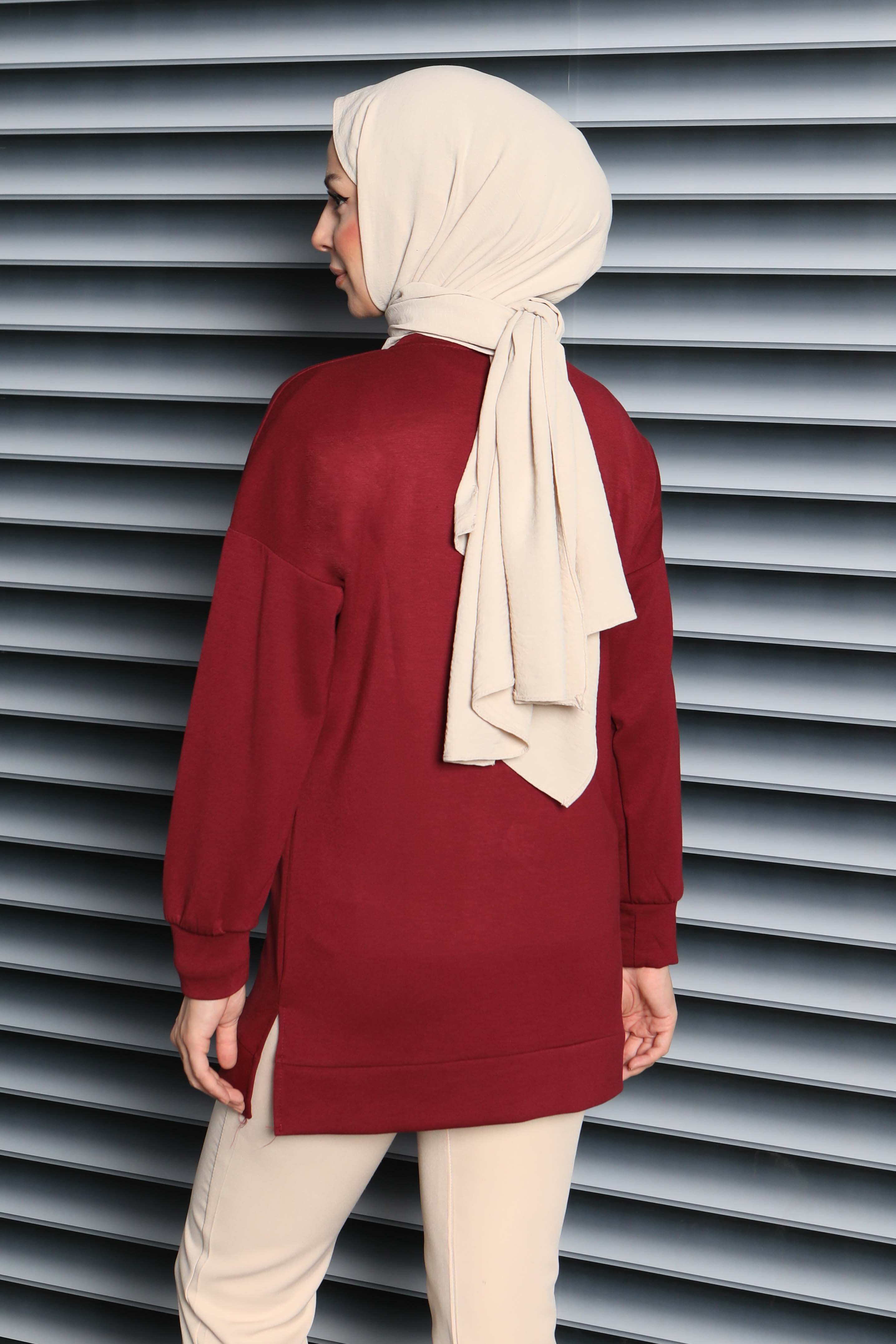 Kalp Taşlı İşlemeli Modal Tunik - 27875-BORDO - 4