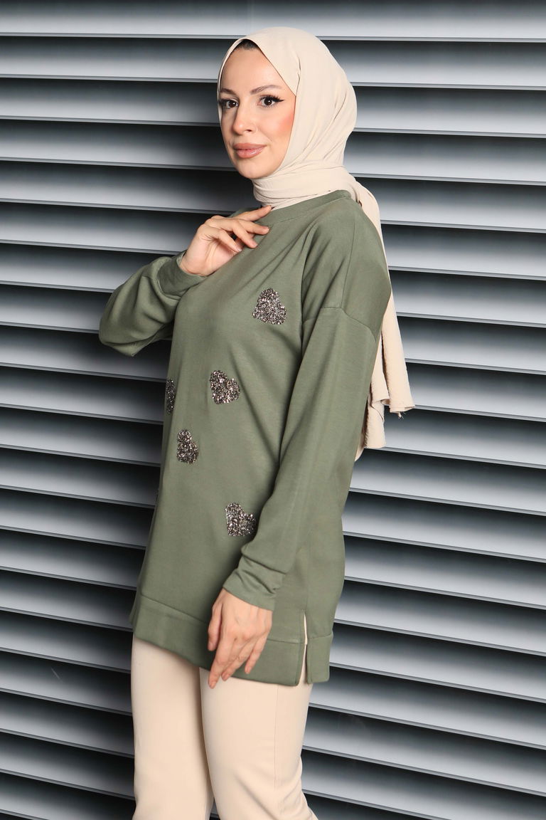 Kalp Taşlı İşlemeli Modal Tunik - 27875-HAKI - TOFİSA