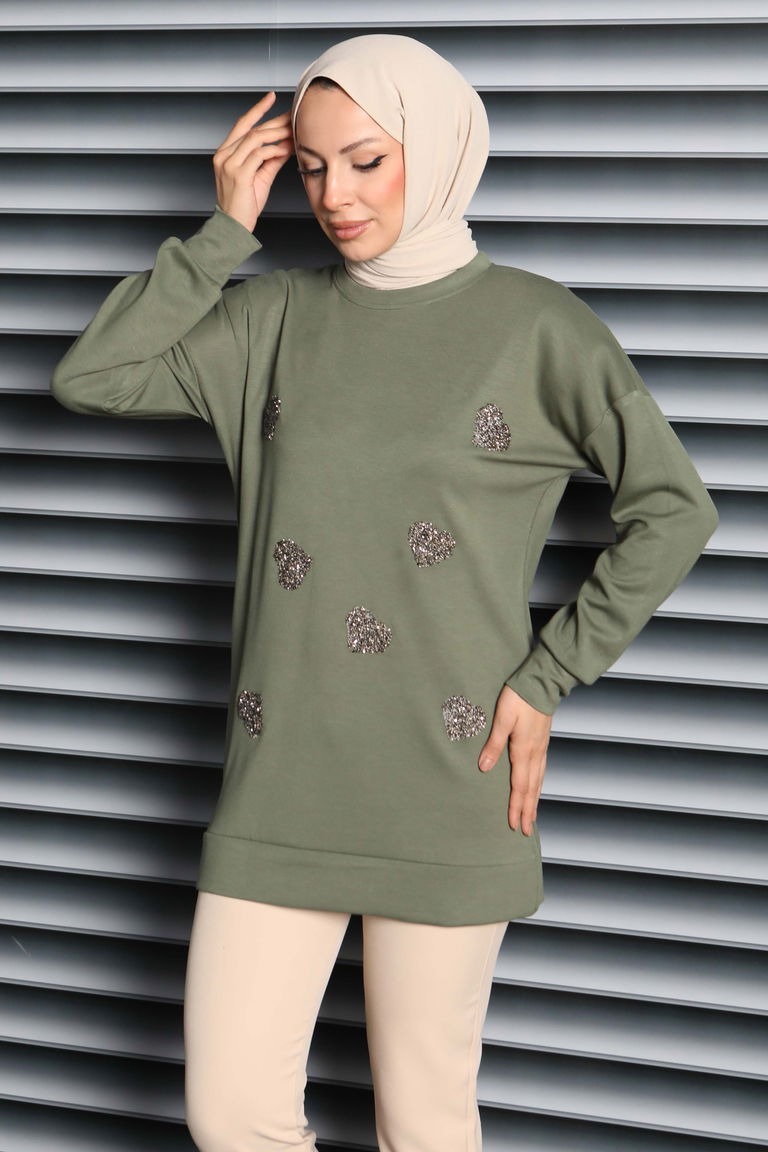 Kalp Taşlı İşlemeli Modal Tunik - 27875-HAKI - TOFİSA