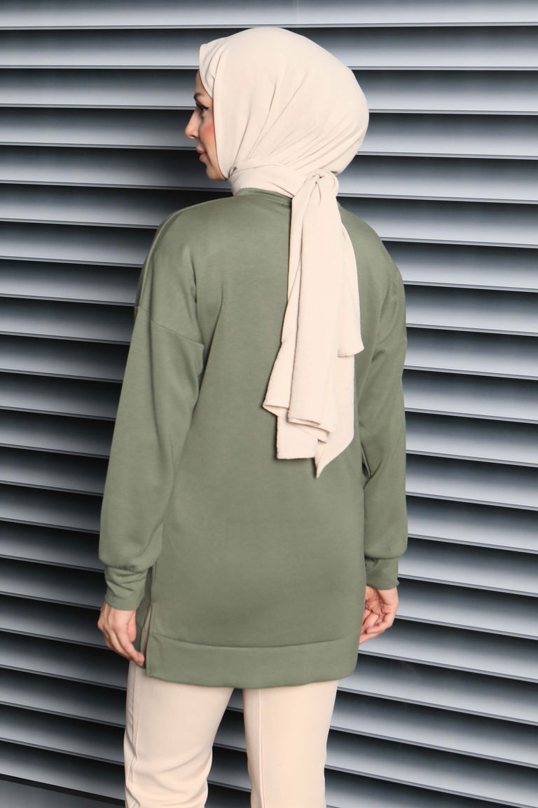 Kalp Taşlı İşlemeli Modal Tunik - 27875-HAKI - TOFİSA