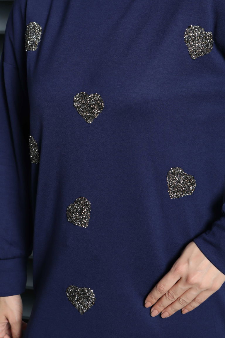 Kalp Taşlı İşlemeli Modal Tunik - 27875-LACIVERT - TOFİSA