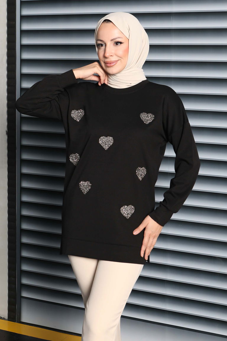 Kalp Taşlı İşlemeli Modal Tunik - 27875-SIYAH - TOFİSA