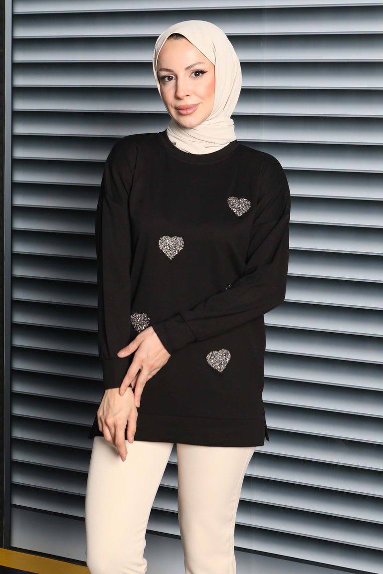 Kalp Taşlı İşlemeli Modal Tunik - 27875-SIYAH - TOFİSA