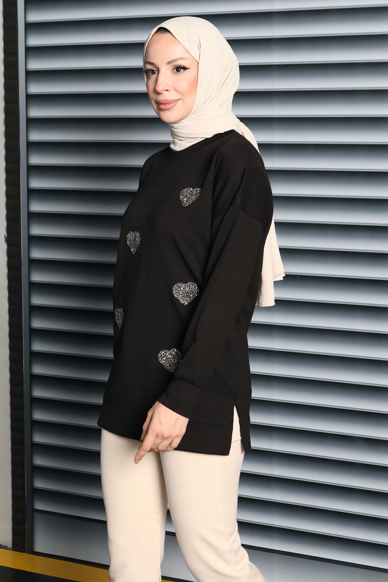Kalp Taşlı İşlemeli Modal Tunik - 27875-SIYAH - TOFİSA