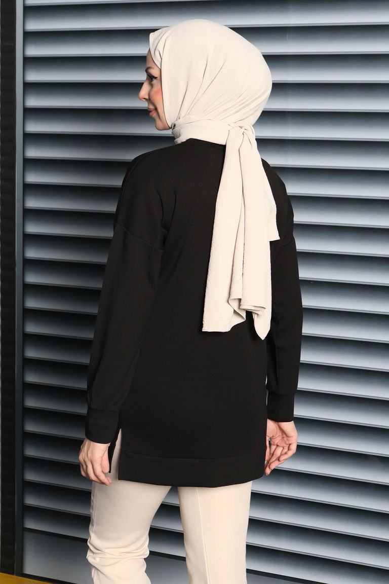 Kalp Taşlı İşlemeli Modal Tunik - 27875-SIYAH - TOFİSA