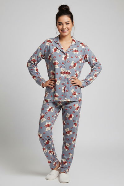 Kalp Ve Ayıcık Baskılı Pijama Takımı - 27947-GRI 