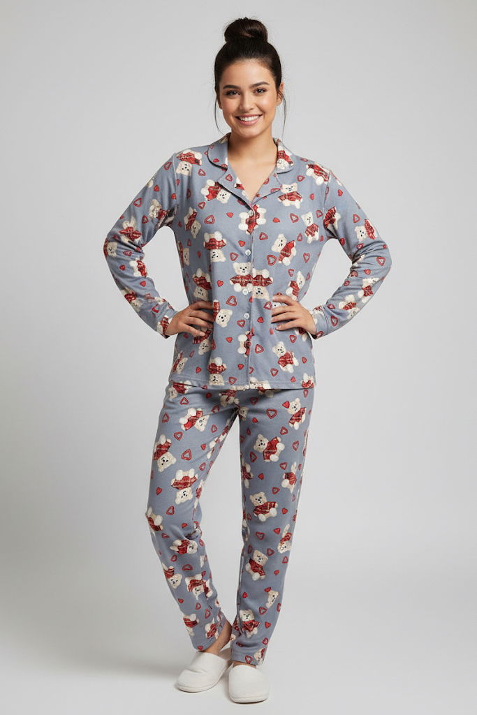 Kalp Ve Ayıcık Baskılı Pijama Takımı - 27947-GRI