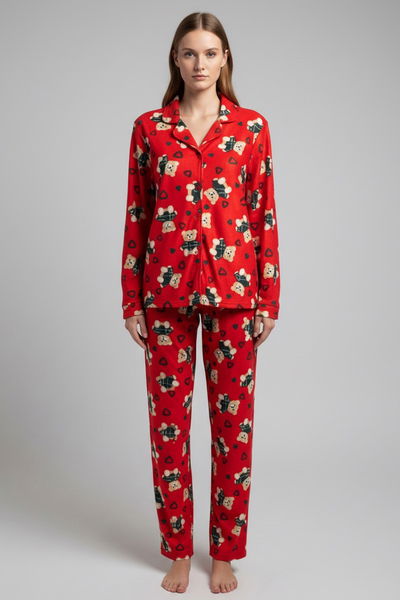 Kalp Ve Ayıcık Baskılı Pijama Takımı - 27947-KIRMIZI 