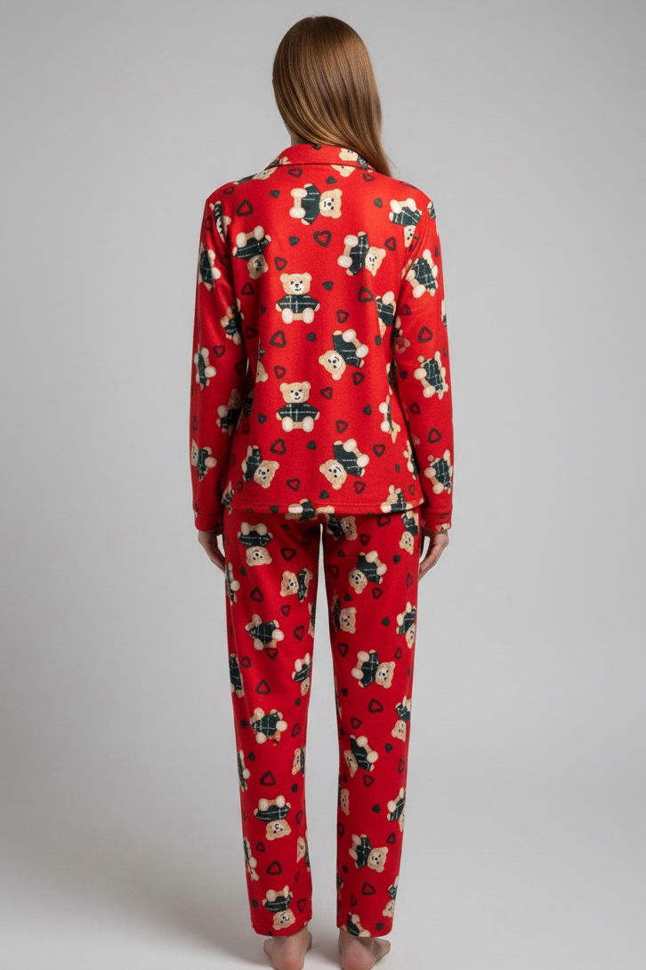 Kalp Ve Ayıcık Baskılı Pijama Takımı - 27947-KIRMIZI - TOFİSA
