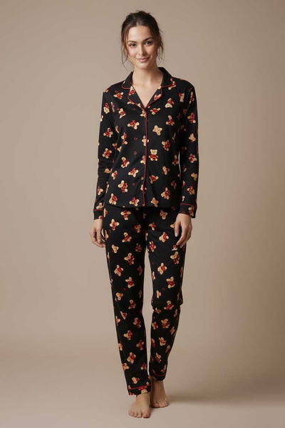 Kalp Ve Ayıcık Baskılı Pijama Takımı - 27947-SIYAH 
