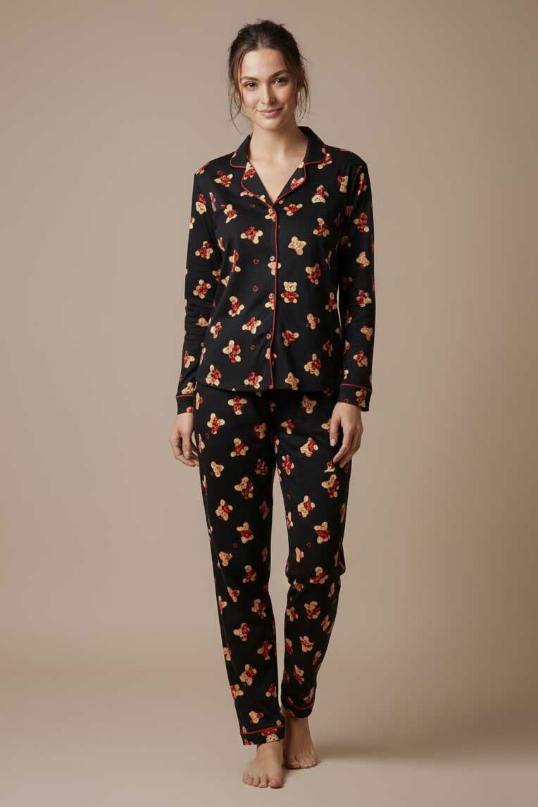 Kalp Ve Ayıcık Baskılı Pijama Takımı - 27947-SIYAH