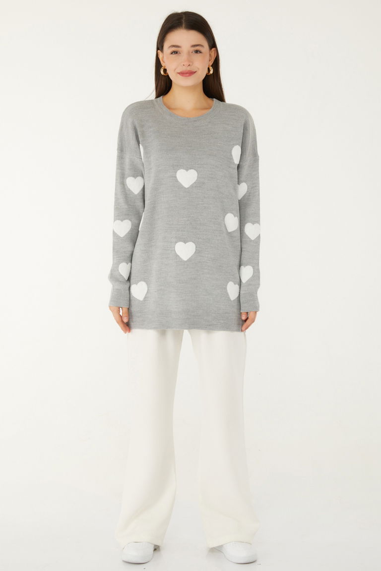 Kalpli Nakışlı Triko Kazak - 27733-GRI - TOFİSA